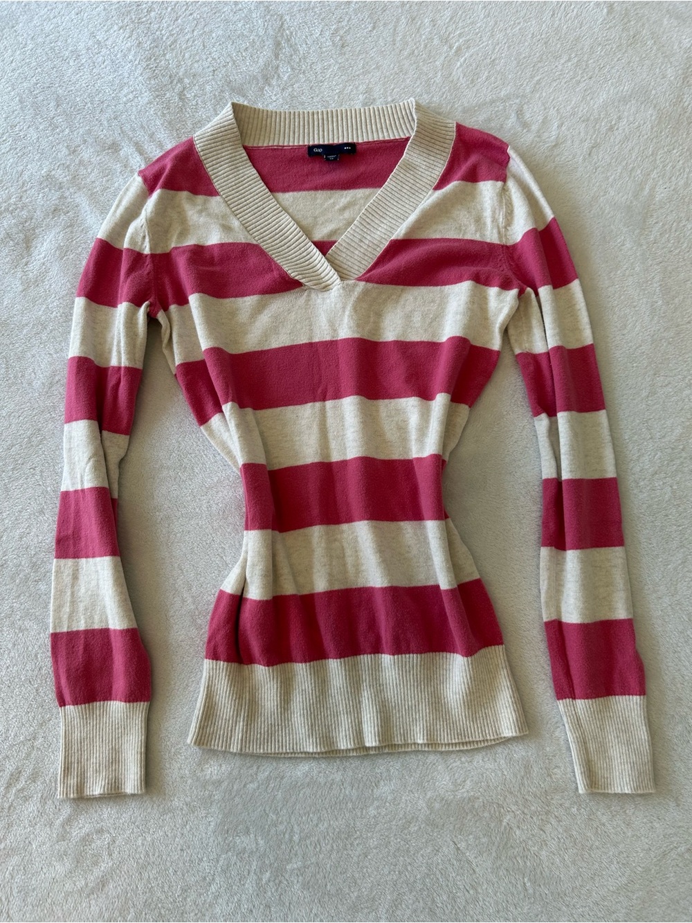 GAP Pink and Cream Striped V-Neck Sweater